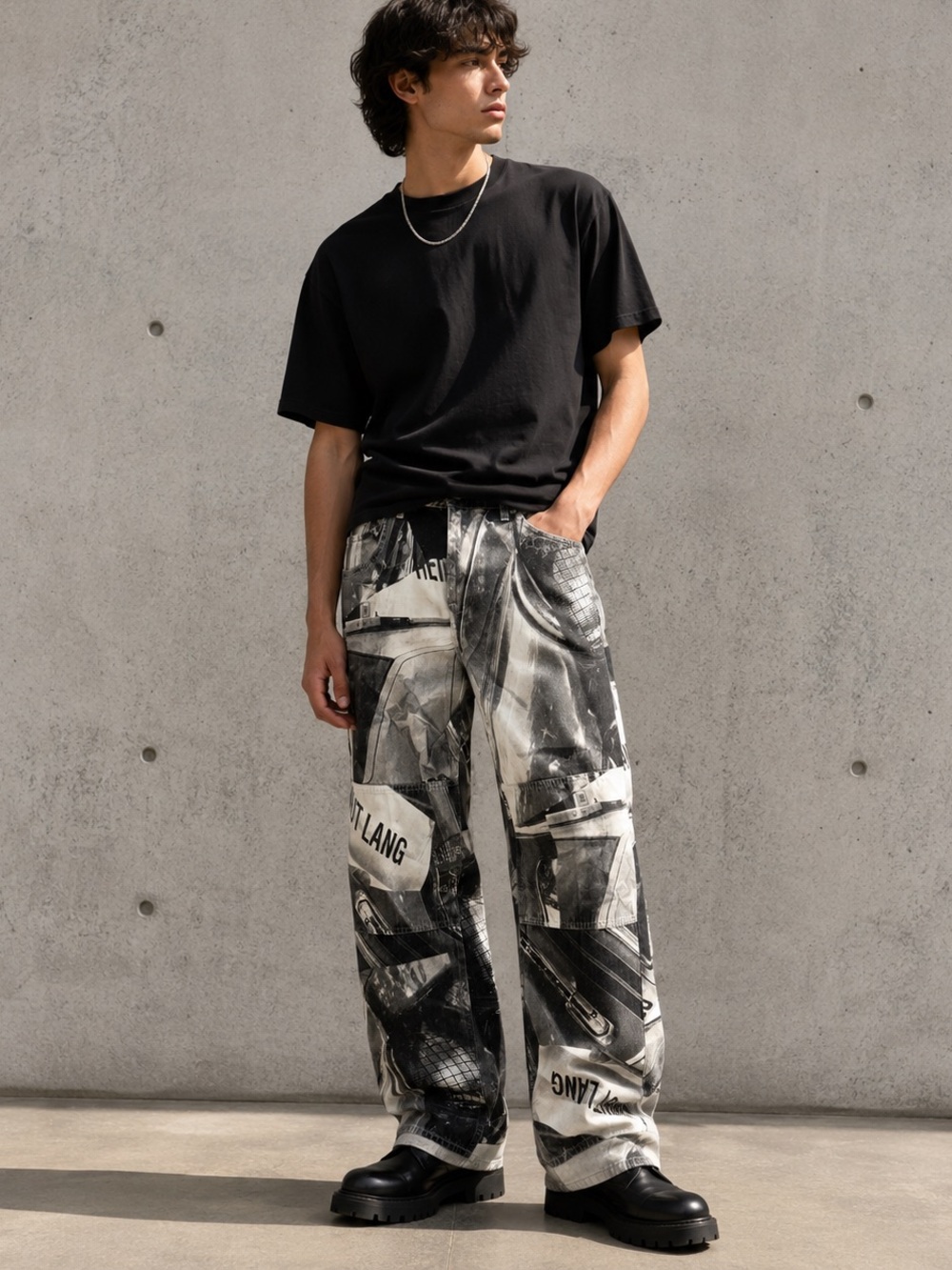 Helmut Lang Printed Carpenter Jeans in Black Multi, size 32.